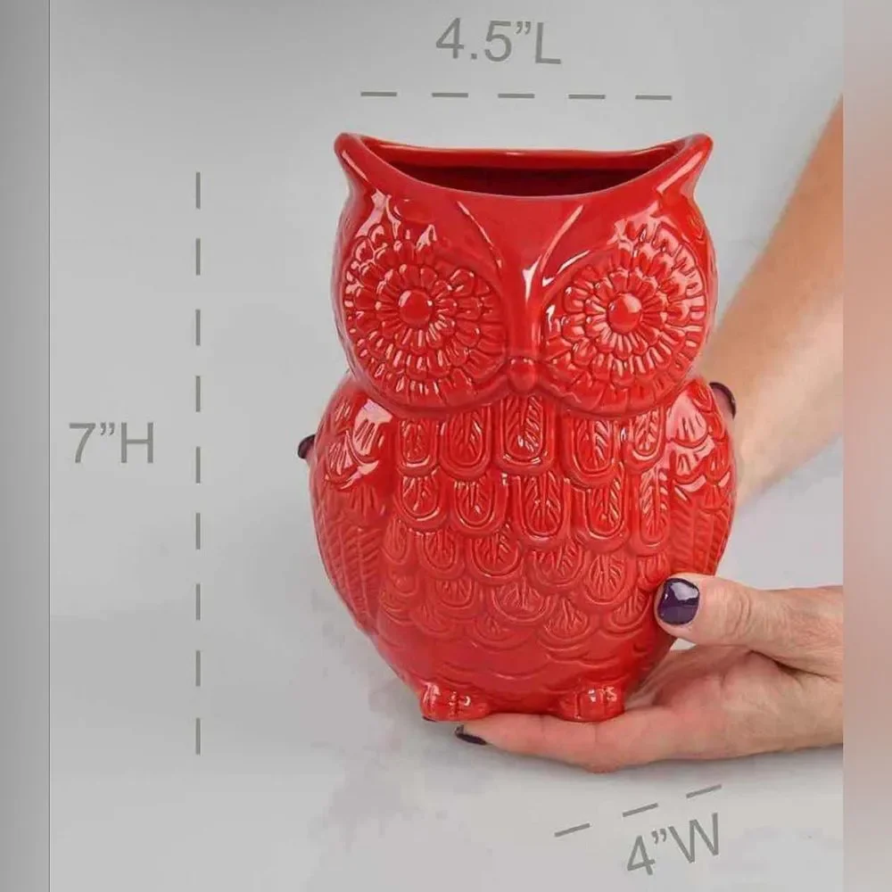 Home-X Red Large Ceramic Owl Kitchen Utensil Holder Caddy Farmhouse Decor NIB